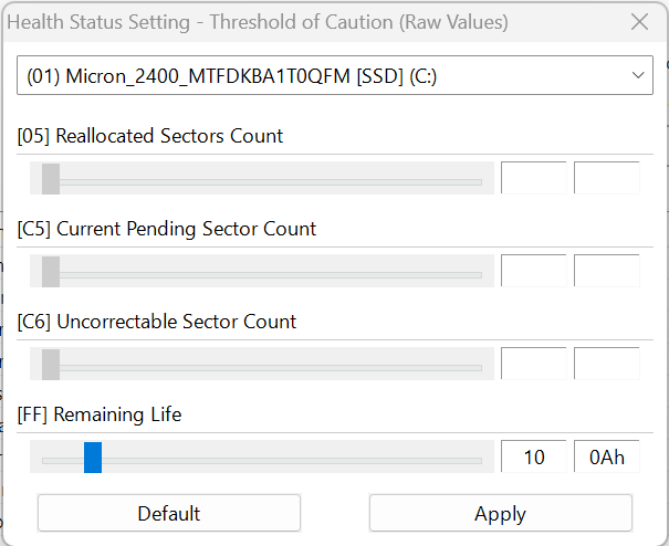 Health Status Setting dialog with thresholds for 05, C5, C6 and FF Remaining Life.