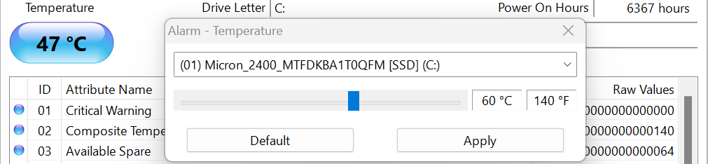 CrystalDiskInfo Alarm - Temperature dialog showing a 60 degrees Celsius alarm threshold.